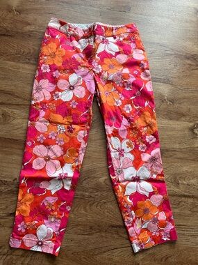 TALBOTS Perfect Crop Pants Women's 4 Floral Pink Orange White Preppy Beachy EUC